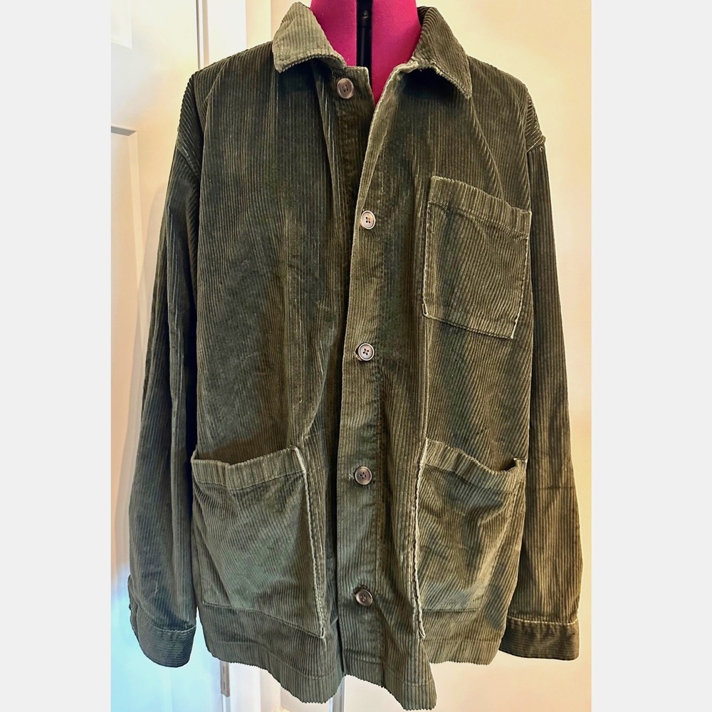 Lands End Mens XXL Olive Green Corduroy Chore Coat Utility Jacket Stretch Cotton